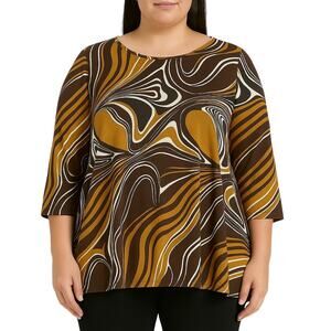 Sara Morgan 1990s Vintage Brown & White Retro Swirly Casual Top XL Phoebe Buffay